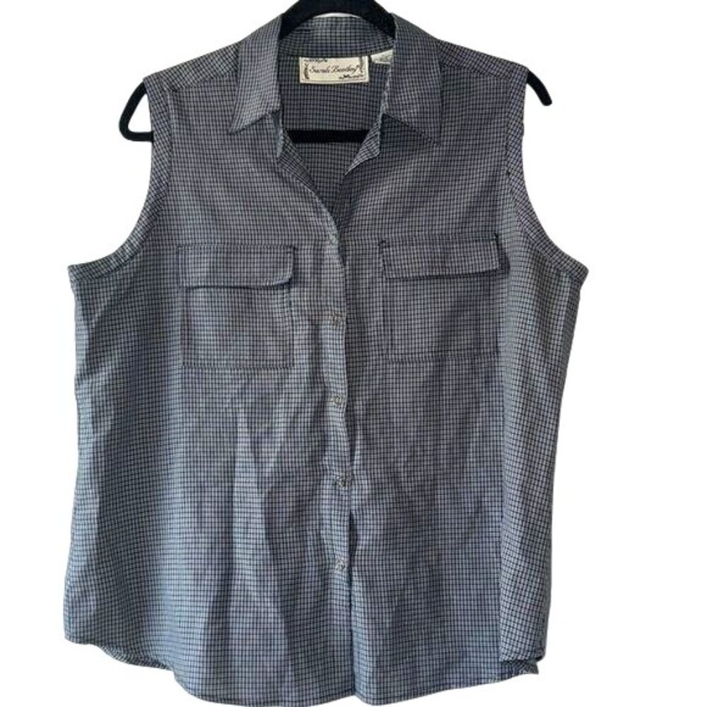 Sarah Bentley Womens Sleeveless Black & White Plaid Button-Up Blouse Size L